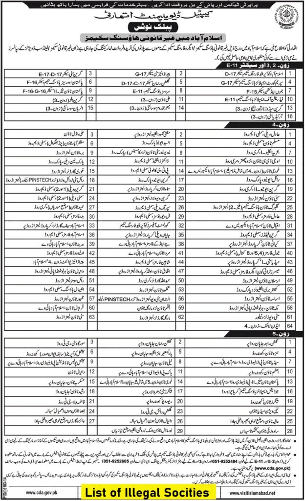 Illegal Houses Schemes in Islamabad List